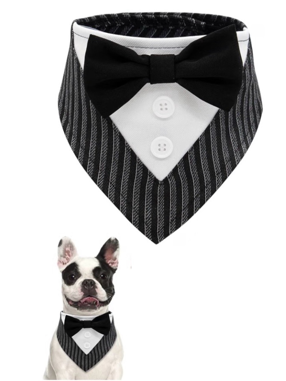 Classic Black Pinstripe Dog Cat Bandana with Bow Tie XS Formal Special Occasion